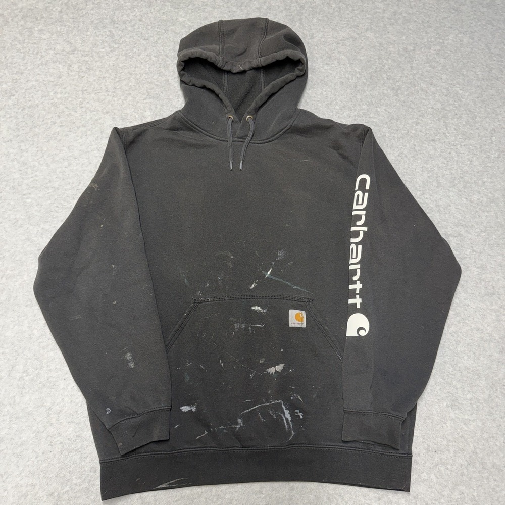 Carhartt Hoodie Mens Large Black Original Fit Fleece Pullover Logo Paint Stains
